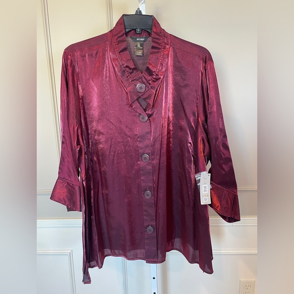 Ali Miles NWT 3X Button Down Blouse WIre Collar Shimmer Red Magenta Formal Party
